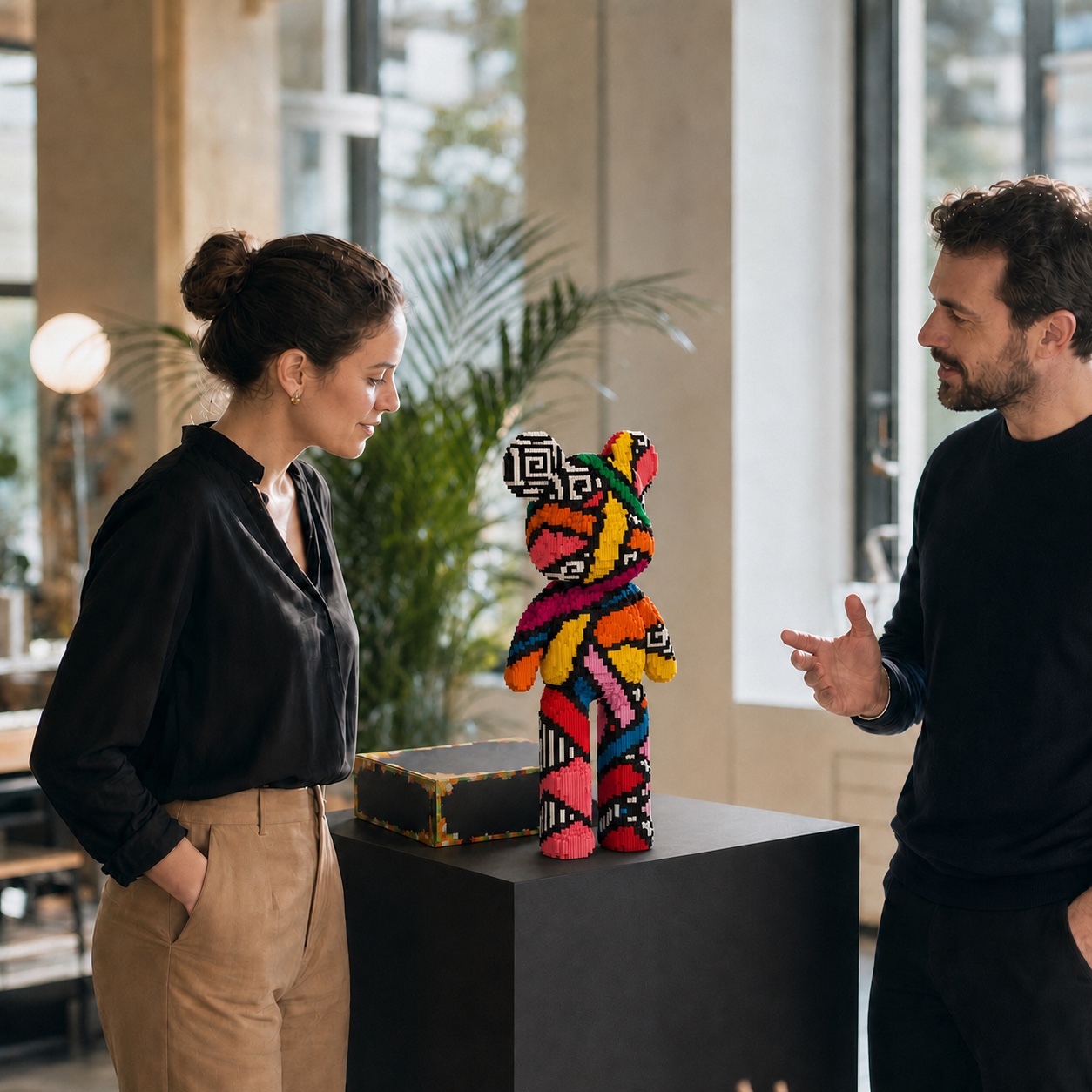 Deux professionnels échangent devant un ours KLIPS'IT